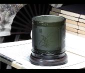 黑檀木嵌依灰色琉璃《梅蘭竹菊》筆筒