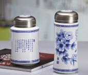 花開(kāi)富貴青花骨瓷保溫杯茶葉罐兩件套
